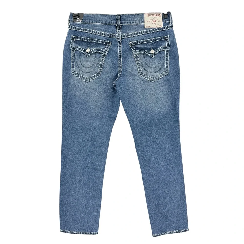 True Religion Men's Geno Big T Flap Slim Stretch Blue Denim Jeans 36x32 NWT $199